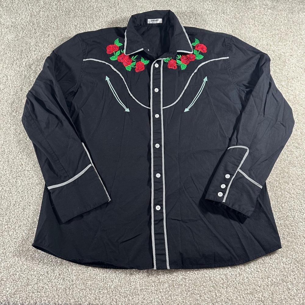 Coofandy Mens Western Shirt Black Rose Floral Embroidered Long Sleeve Large
